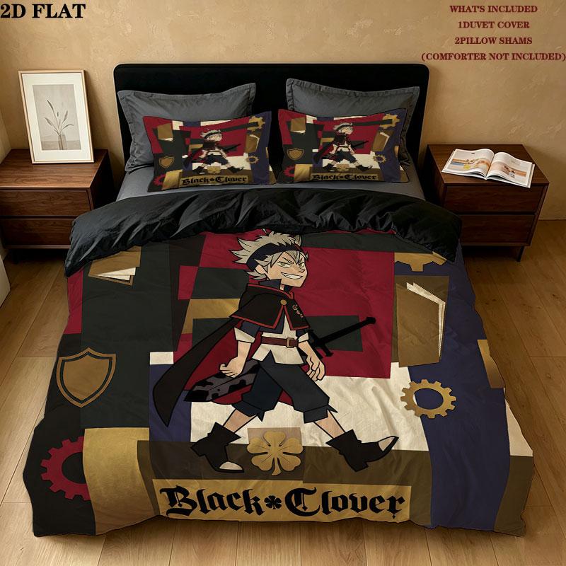 Black Clover Pattern Bedding Quilt Set Quilt Cover Pillowcase Home Birthday Gift(1 * duvet cover + 2 * pillowcase, without core)