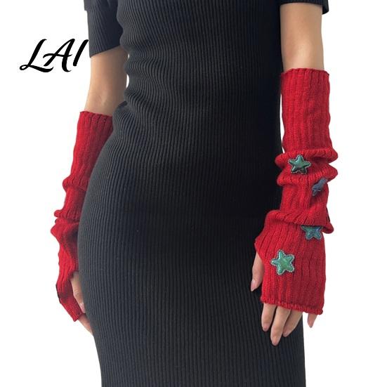 Dunkle Gothic Mode Handschuhe Sternenstrick Armstulpen Fingerlos für Damen Mädchen Lolita Alltag Ärmel Stil Gestreift Häkeln Cosplay Kostüm