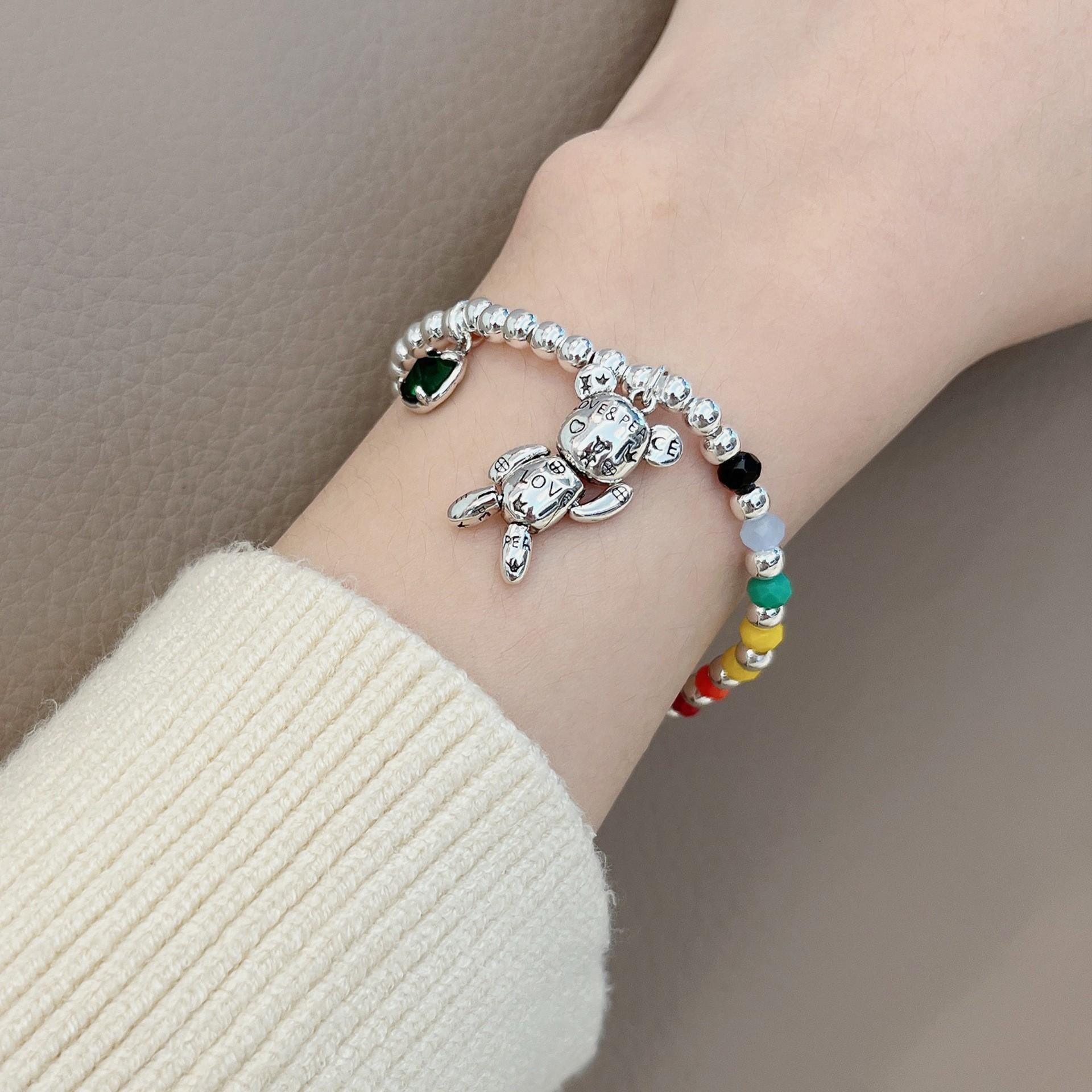 Rainbow Round Beads Bear Necklace Women S Niche Versatile Emerald Design Light Luxury Trend Jewelry