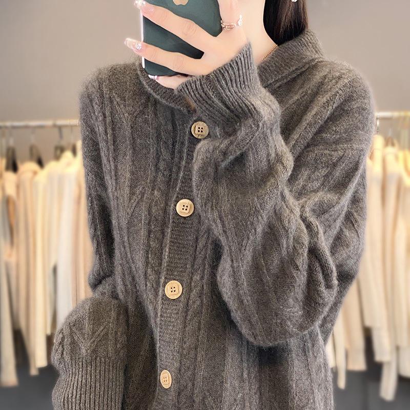 Women's Thick Woolen Cable Knit Cardigan with Lapel - Autumn/Winter Long Sleeve Cashmere Knitwear.
