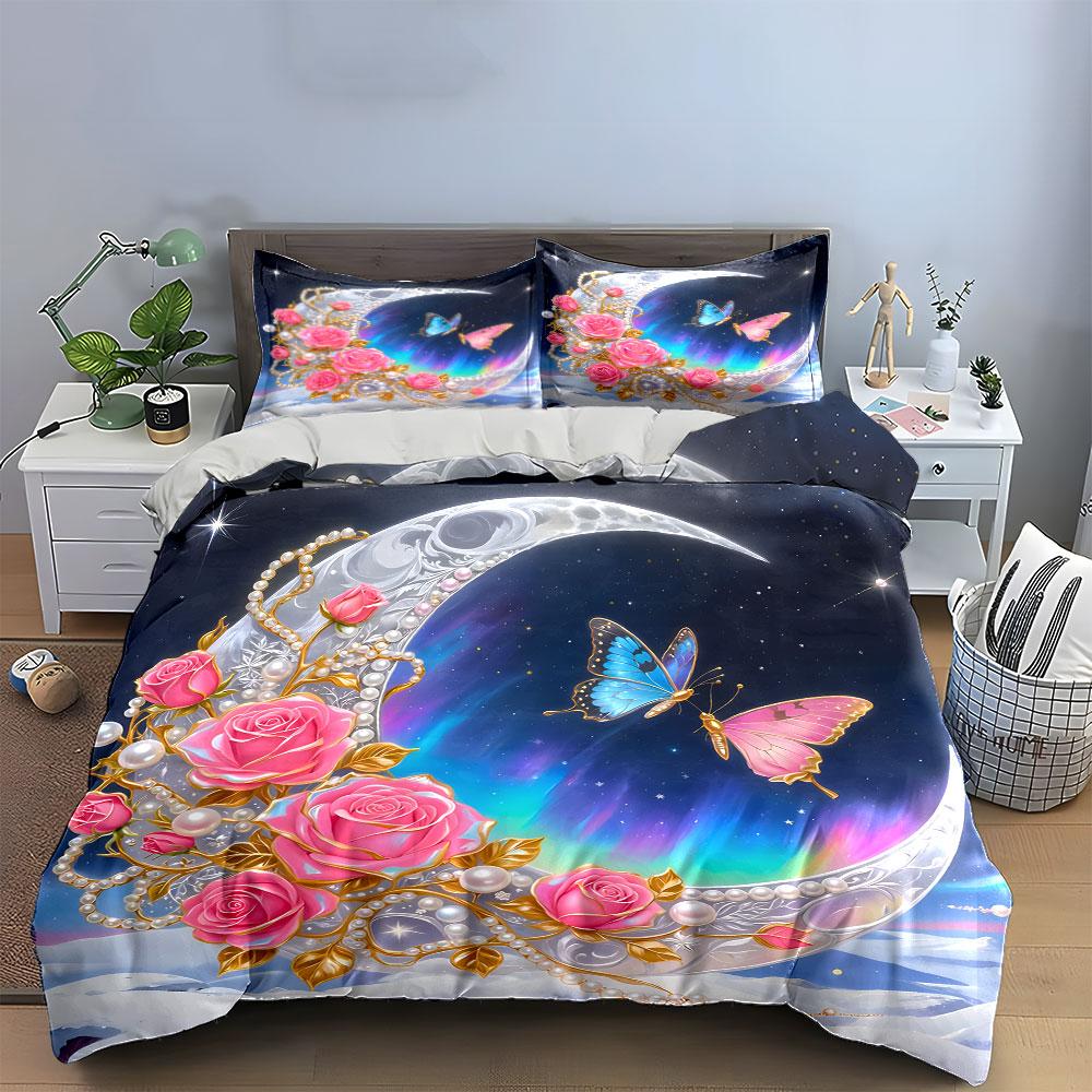 Elegant Moonlit Rose-Themed Decor  Kid'S And Adults' Bedroom Decor, Exquisite Three-Piece Bedding Set Gift