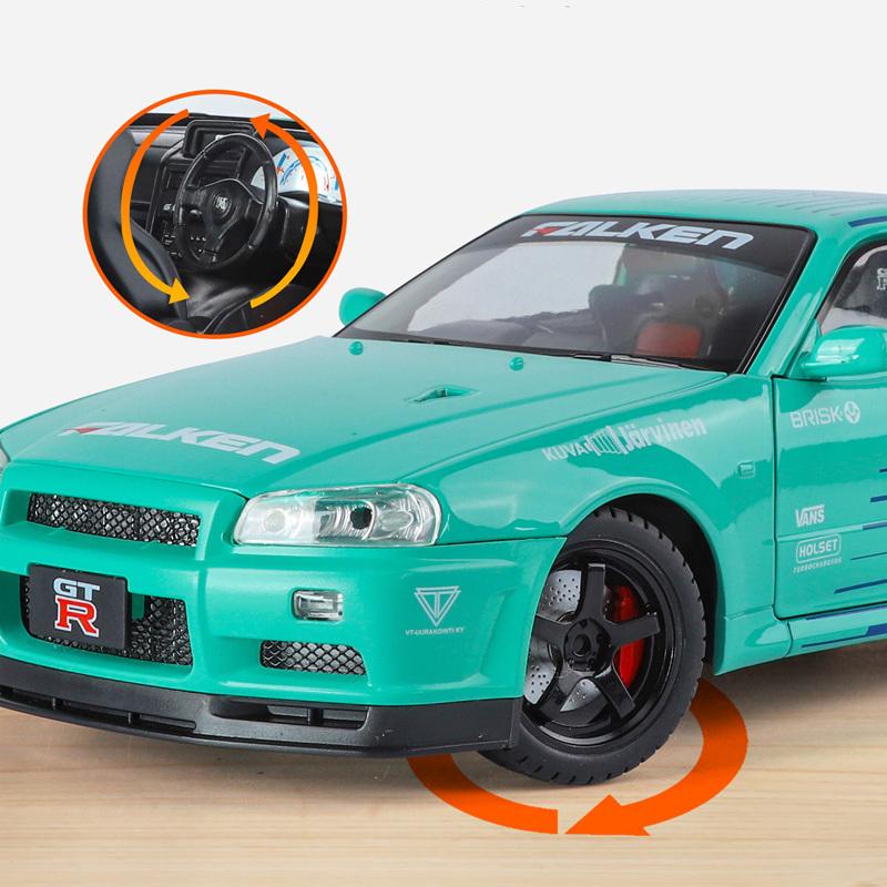 1/18 Nissan Skyline Ares GTR GT-R R34 Alloy Track Sports Car Model Diecast Metal Racing Car Vehicle Model Sound and Light Kids Toy Gift