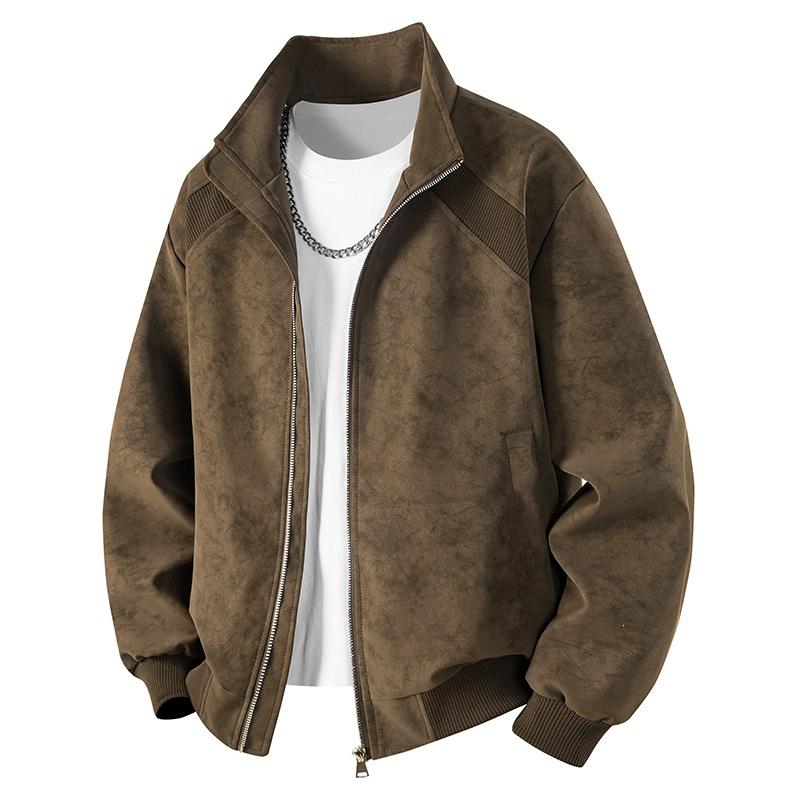Men's leather jacket autumn and winter loose version tie-dye leather jacket stand-up collar retro American casual men's jacket