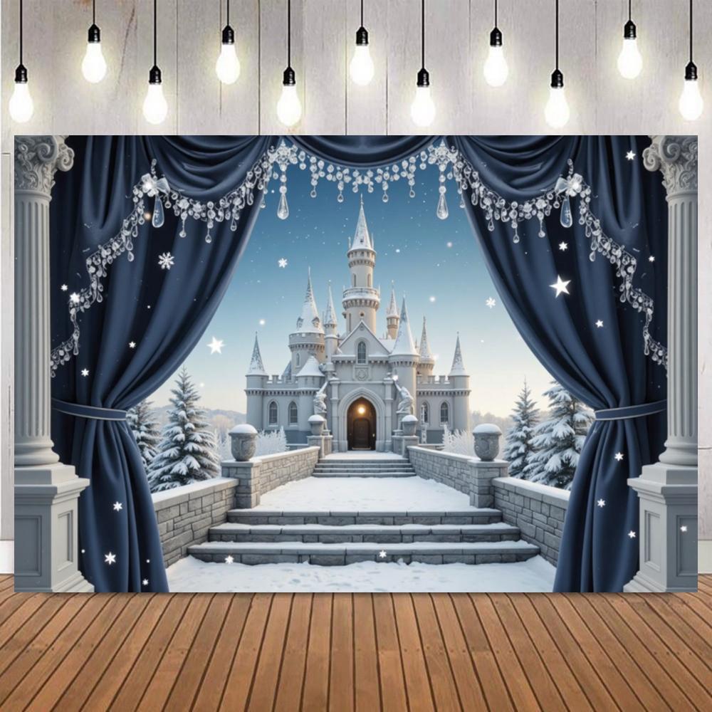 Winter Ice Snow Castle Photography Background Snow Scene Frozen Forest Wonderland Christmas Party Home Decor Photo Backdrop Prop18