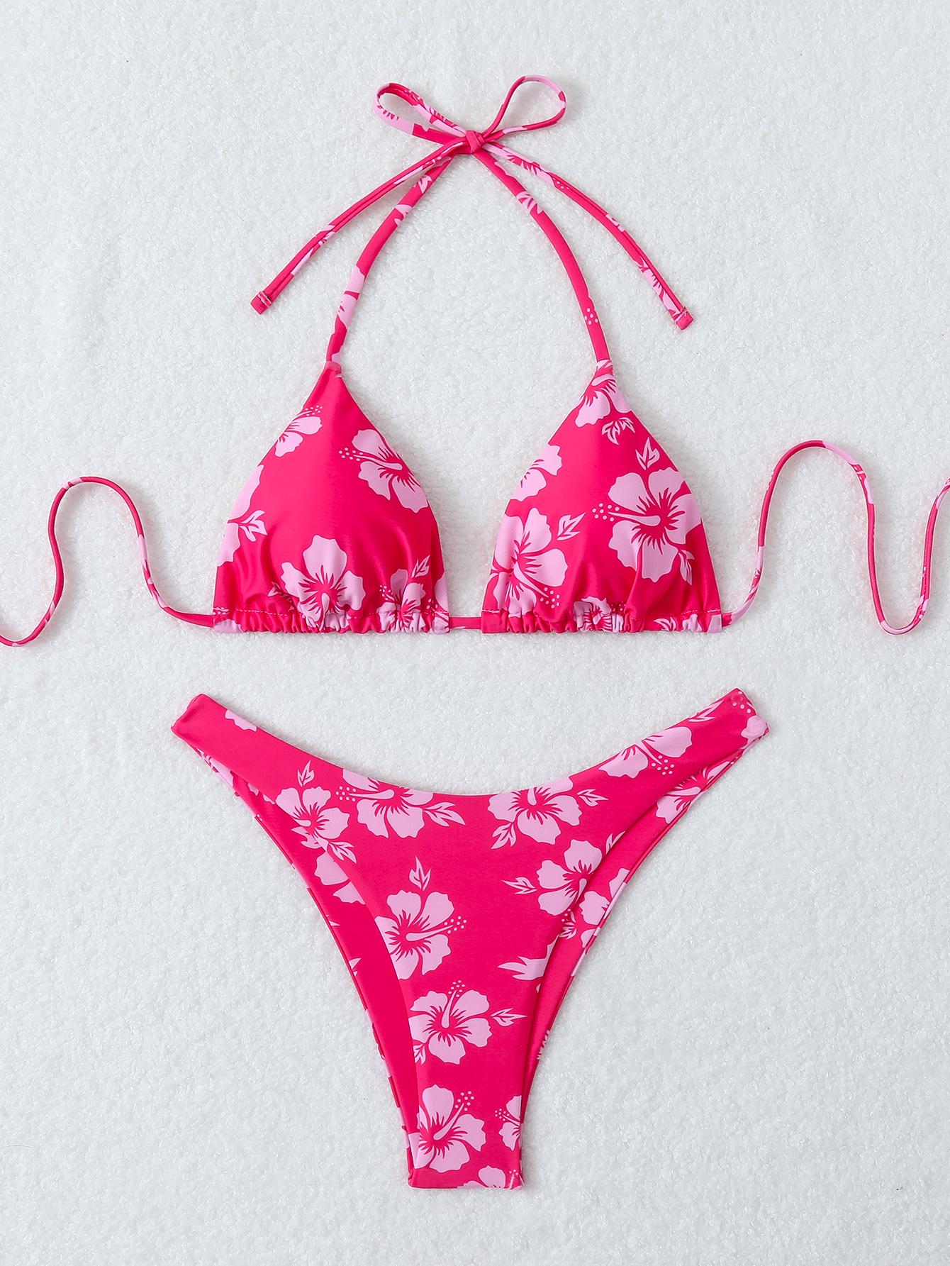 

Summer retro floral print 2-piece bikini lace up swimsuit sexy high waisted women s swimsuit S розы красного