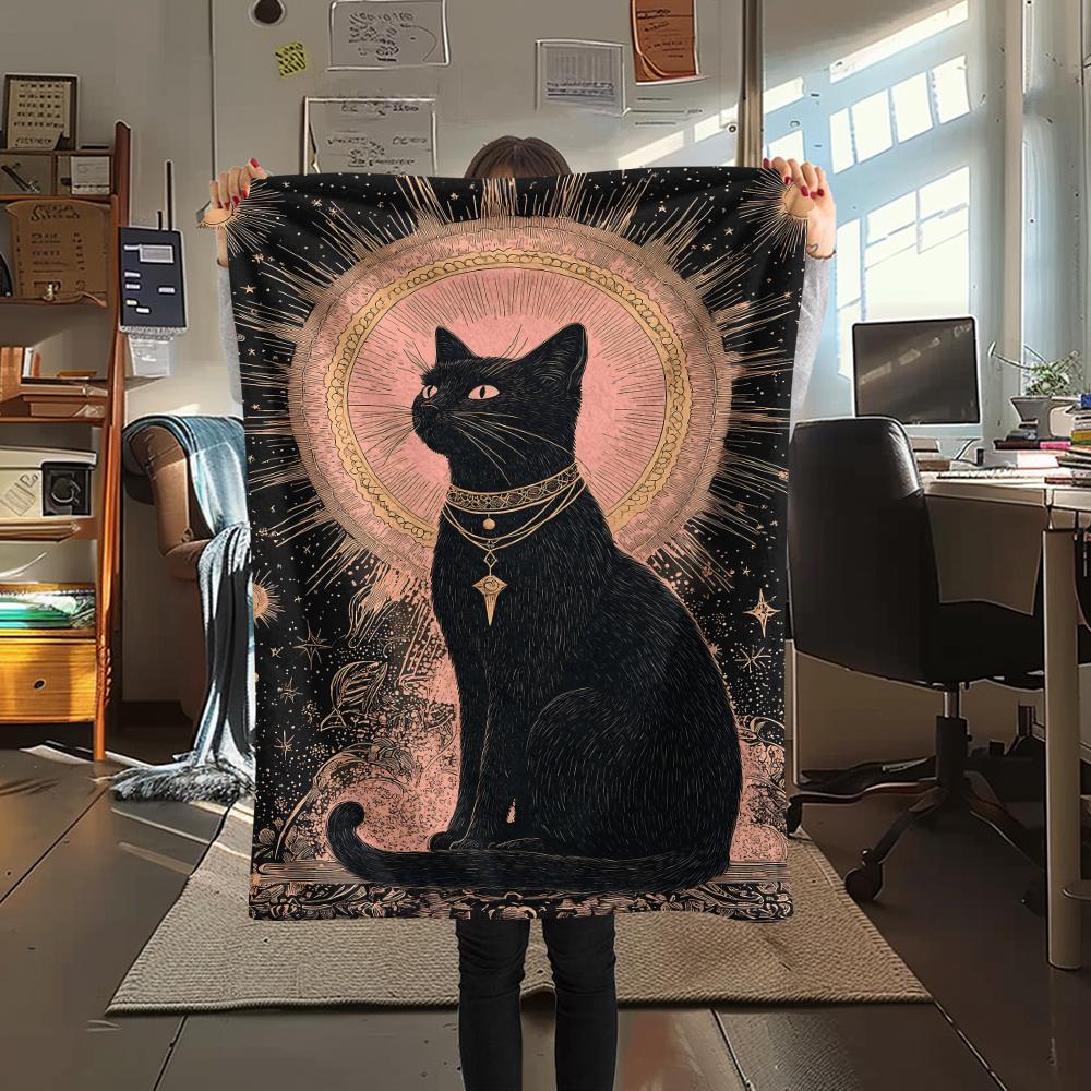 Retro Mysterious Kitten Print Flannel Blanket,High quality Comfortable for All Seasons,Home Decor,Warmth and Comfort,Perfect for Christmas Gifts