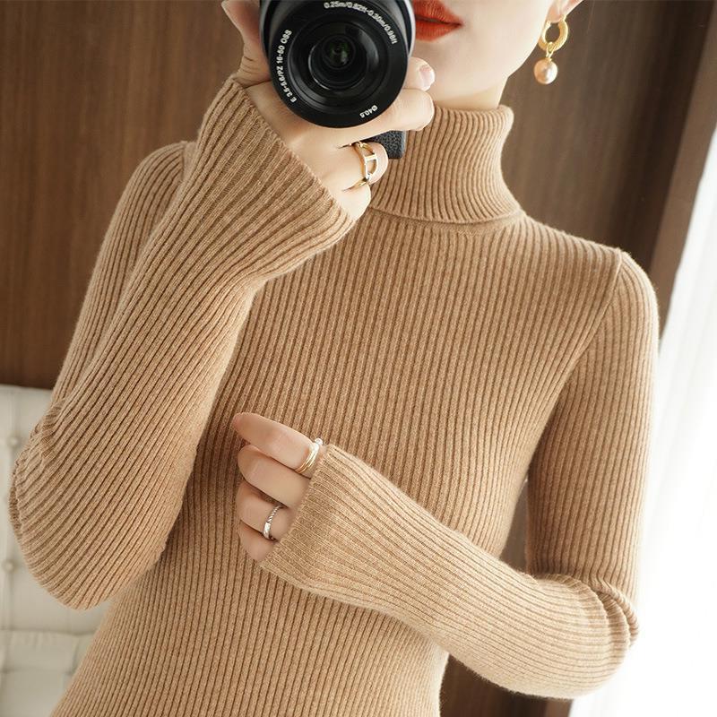 Women's Autumn Winter High Neck Slim-Fit Ribbed Knit Base Layer Sweater for Office Wear