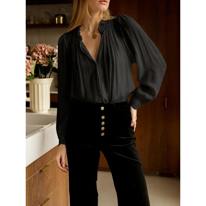 JKASHDK Women's Fashion Casual Spring Autumn Solid Color Print Long Sleeve V-Neck Blouses & Shirts