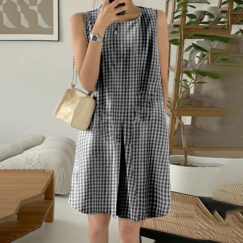 ZANZEA Women Casual Round Neck Grid Print Sleeveless Dress