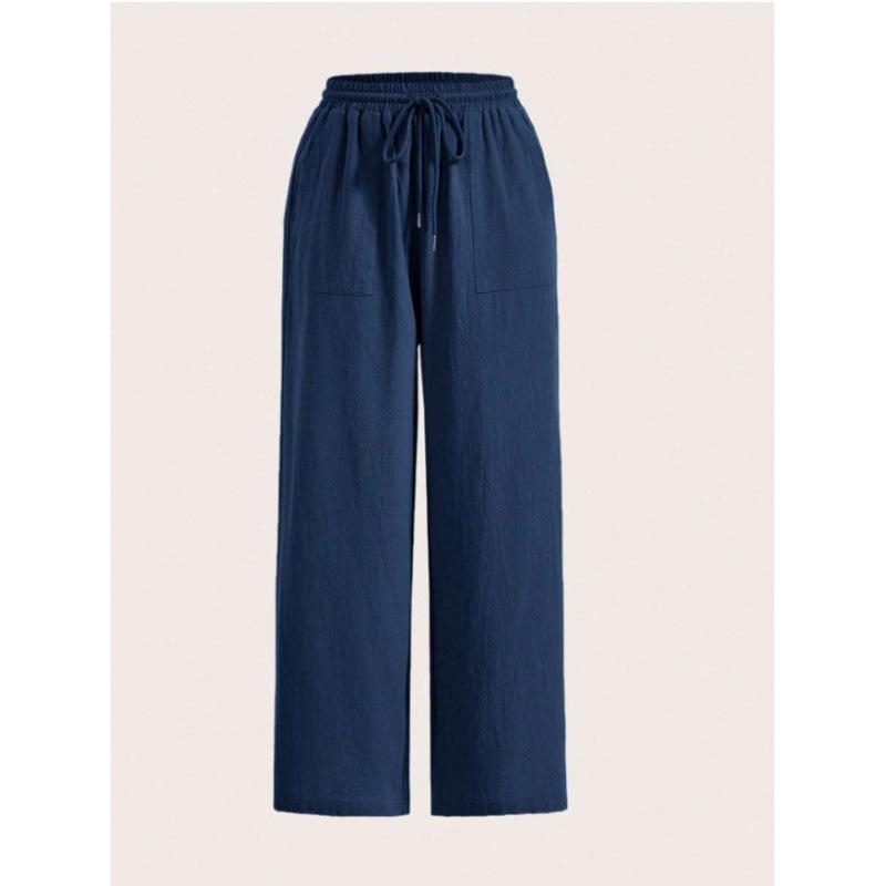 Western Women's Casual Solid Color Drawstring Straight Leg Slight Flare Pocket Casual Pants