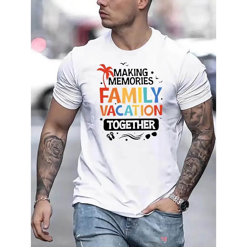 European sizes Creative Vacation-Themed Letter Print Slippers, Stylish Men'S Fashion, Round Neck, Short-Sleeve T-Shirt