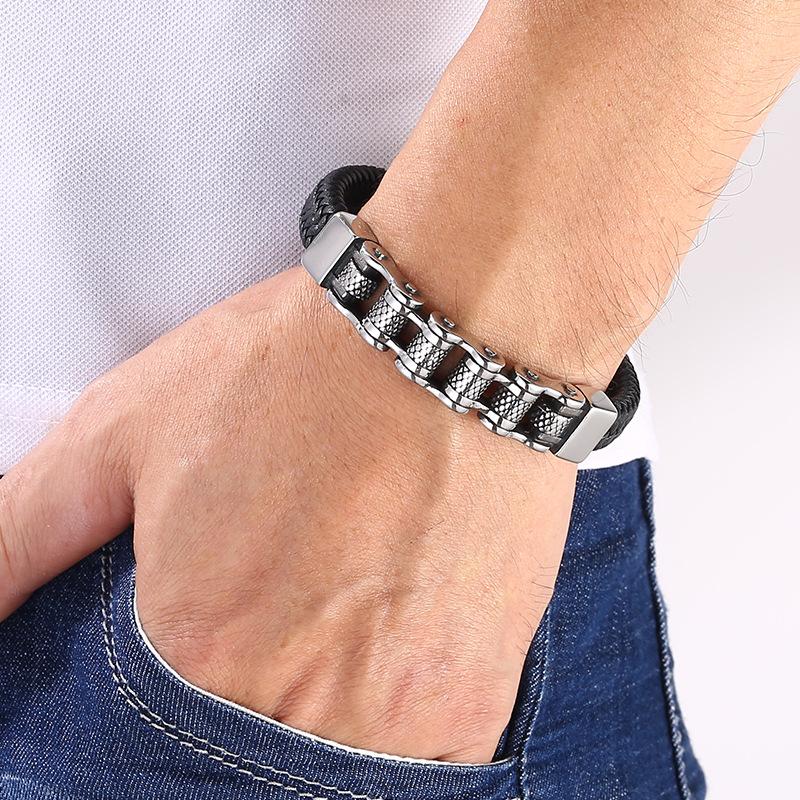 Punk Men Biker Chain Bracelet Genuine Leather Stainless Steel Magnetic Buckle Gift for Men Pulseras