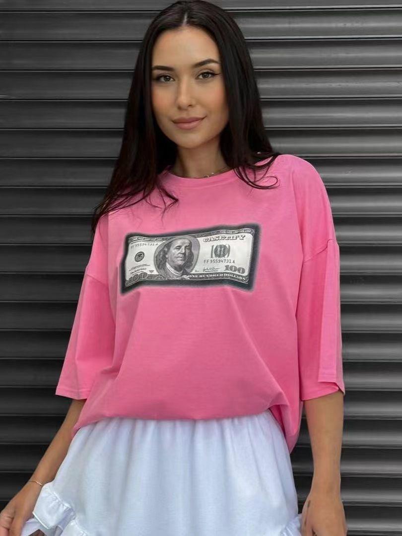2025 Summer Stylish 100% Cotton Short-Sleeve T-Shirt with Fun Print 2XL розовый