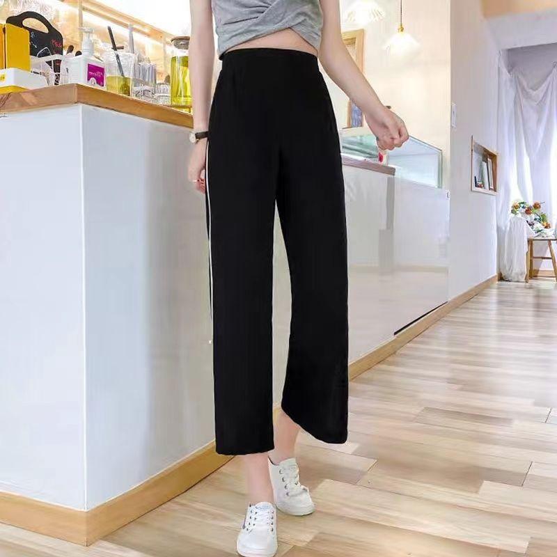 

Летние женские прямые брюки, открытые широкие брюки, летние шифоновые свободные повседневные прямые брюки из ледяного шелка с девятью точками 3XL чёрный