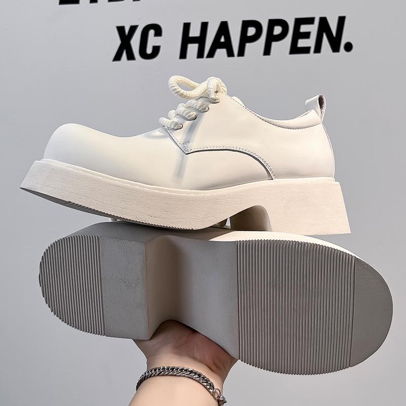 Men's Trendy British Style White Leather Lace-Up Shoes - Round Toe, Thick Sole, Business Casual (Model 24308-A)