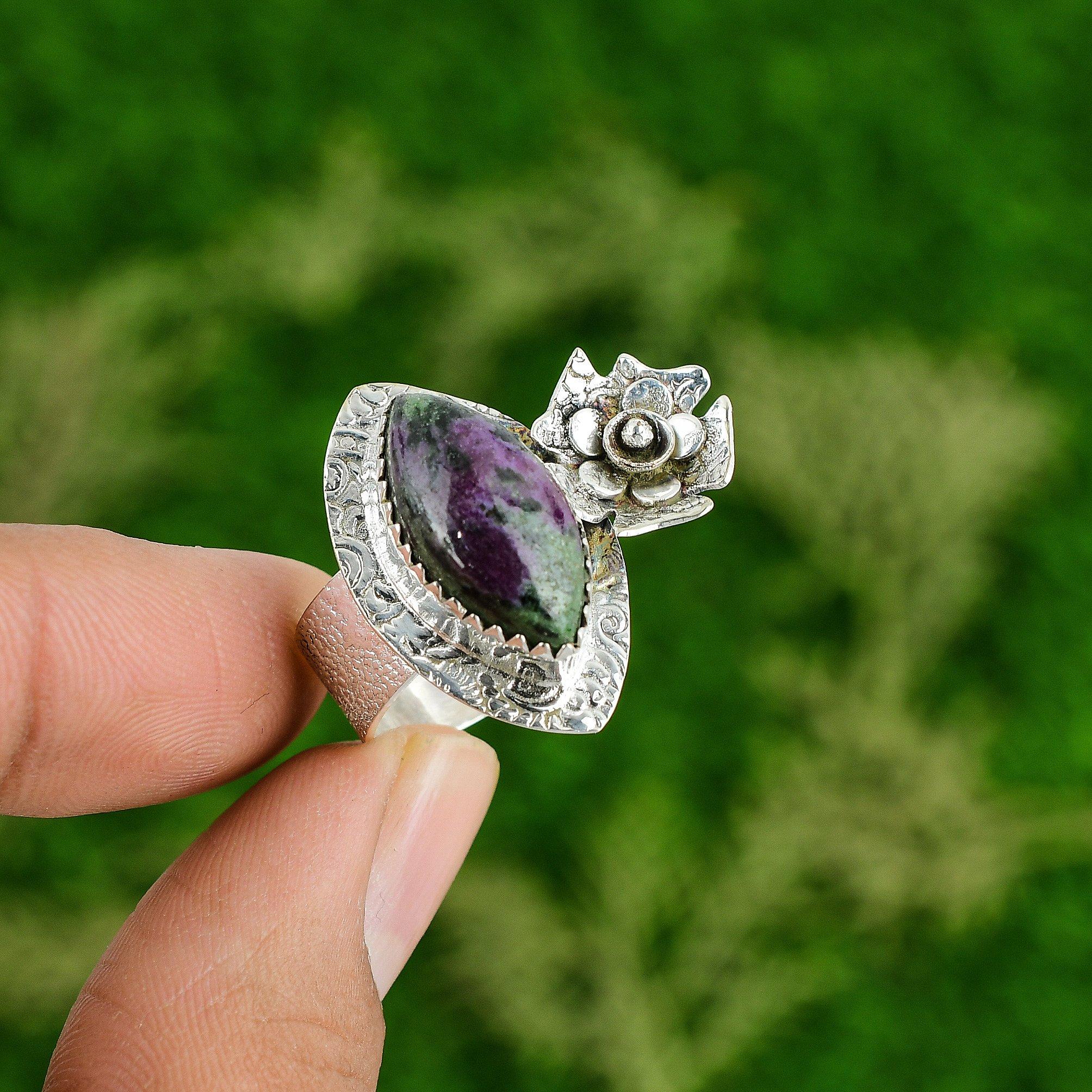 

Natural Ruby Zoisite Gemstone 925 Silver Statement Flower Ring Size 7 For Women 7