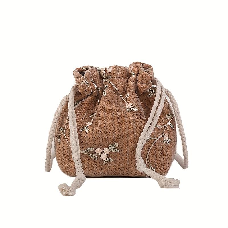 

One Elegant And Portable Drawstring Bucket Bag for Women - a Versatile Crossbody Handbag Featuring a Solid Color with Floral Embroidery 1pc хаки