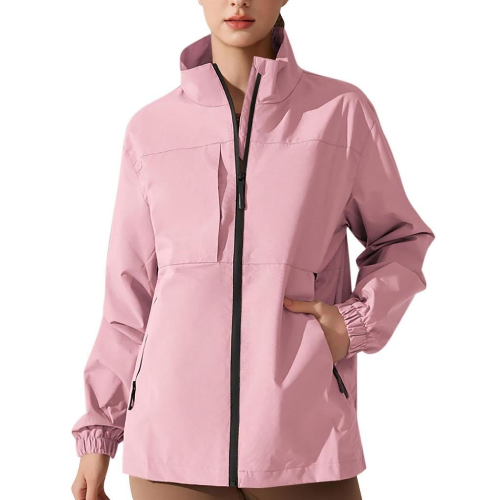 Giacca antipioggia da donna a righe solide Outdoor Plus Impermeabile con cappuccio impermeabile antivento