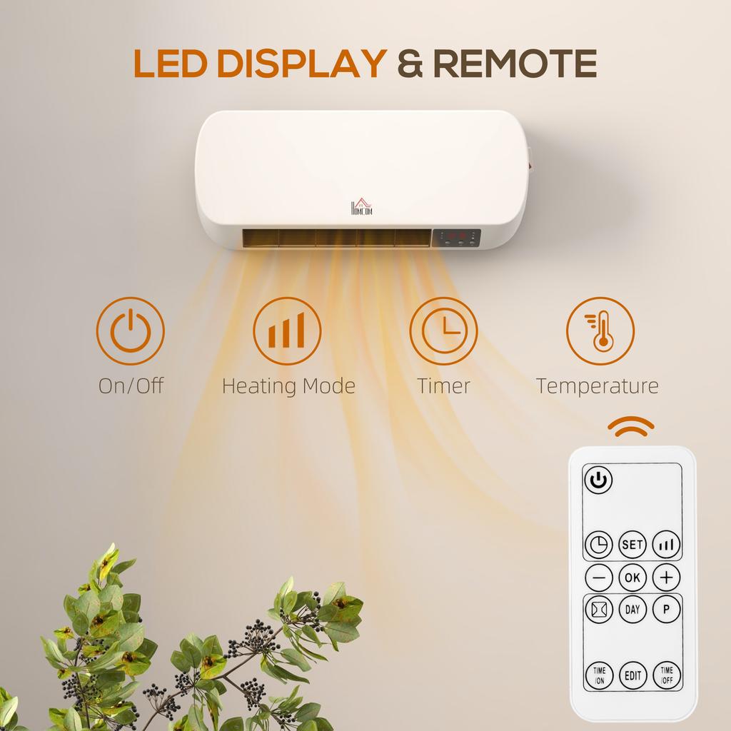 2000W Wall Mounted Ceramic Space Heater, 10-49 degrees C Temperature, White