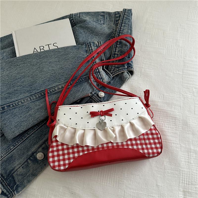 Cute Lace Bow Splicing Armpit Bag 2025 New Girl Travel Polka Dot Shoulder Oblique Span Bag