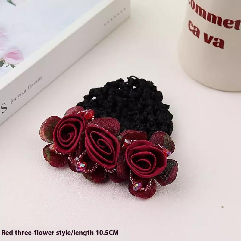 Women Hair Bun Cover Net Snood Hairnet Bow Barrette French Hair Clip Bow Ribbon Flower Hair Accessories For Banks Hotels Staff