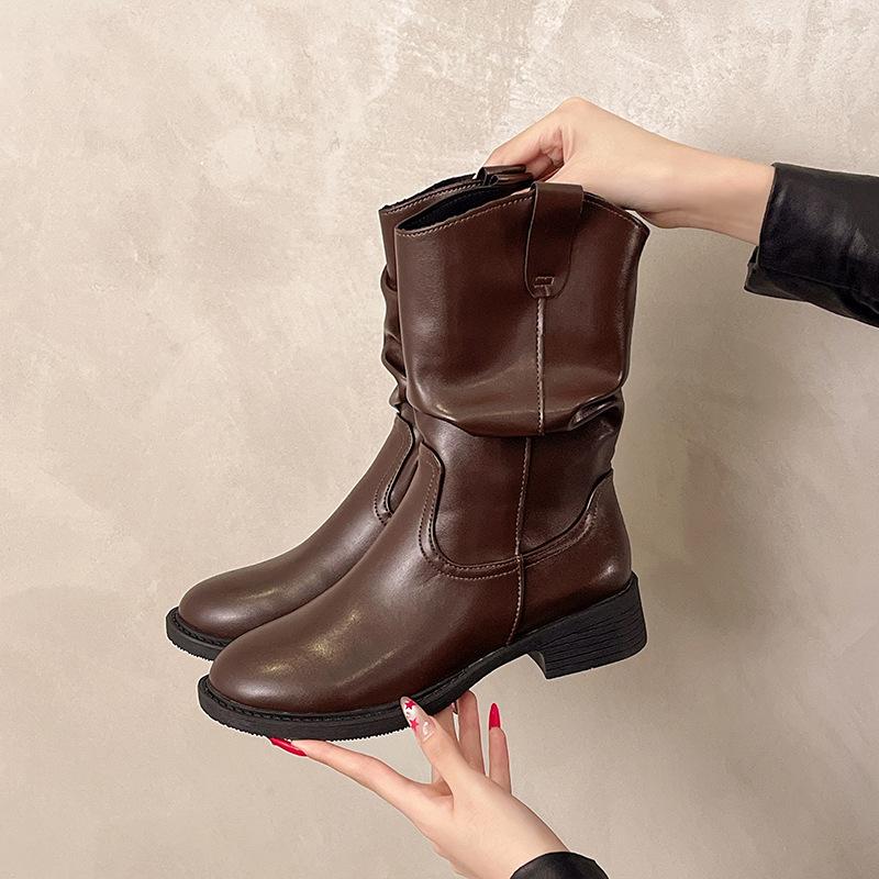 Versatile New Martin Retro Western Boots Women's New Autumn Folds Pile Medium Tube Knight Temperament Boots