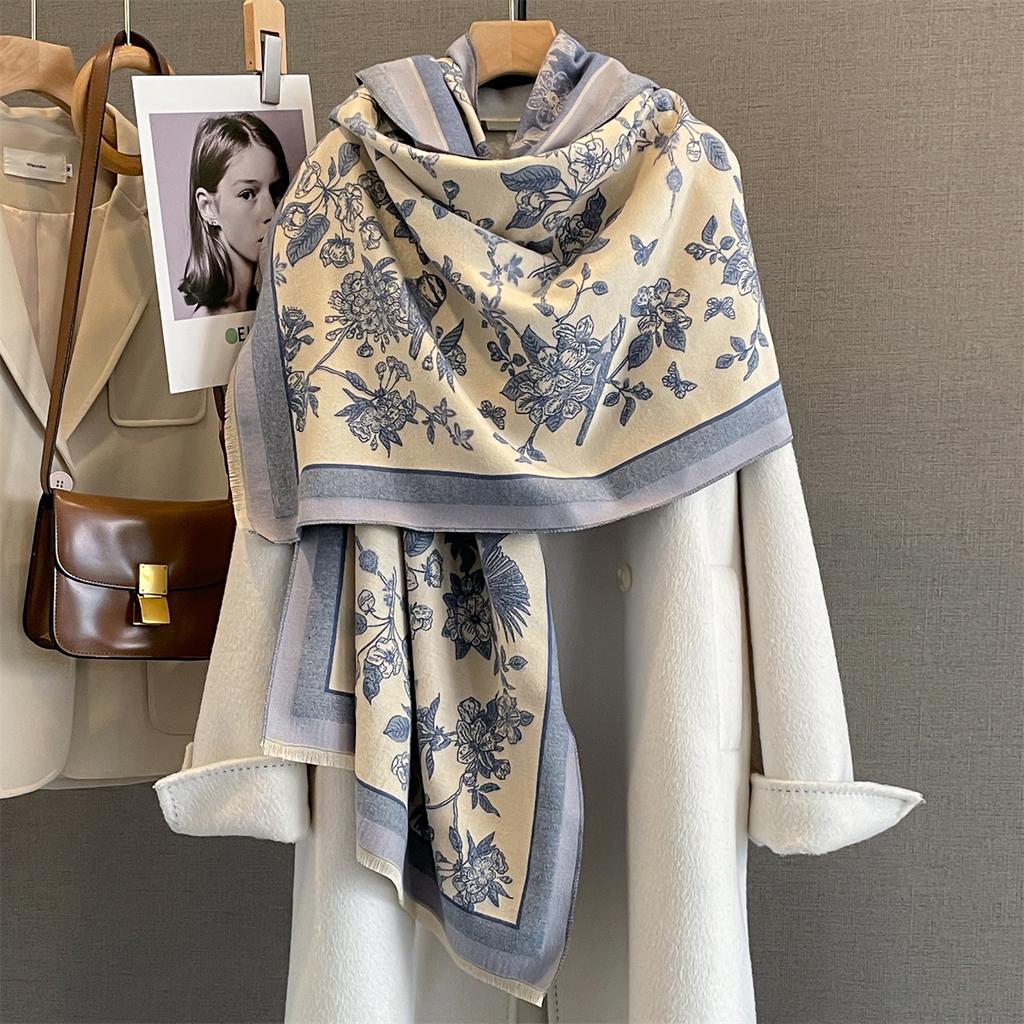 Floral Thickened Warm Scarf Tassel Pashmina Shawl Women‘s Imitation Cashmere Warps Autumn/Winter Coldproof Windproof Blanket
