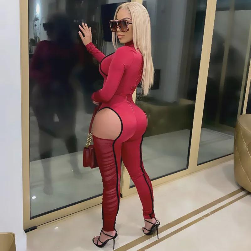 K9790 Sexy Contrast Color Mesh Splicing Jumpsuit for European and American Fashion