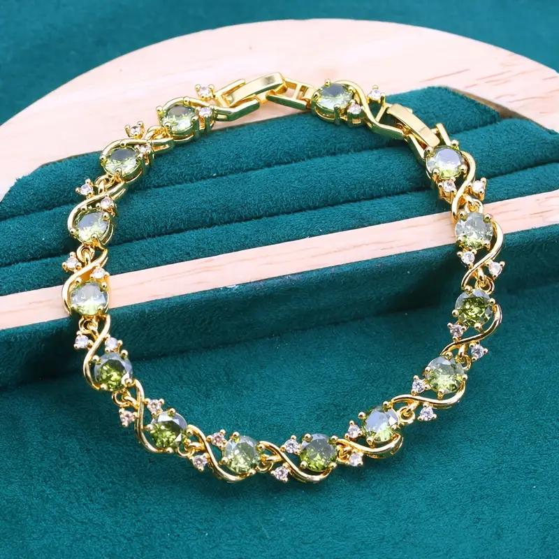 Elegant Vintage-Inspired  Golden Plated Bracelet With Olive Green Zirconia For Women Jewelry, Ideal For Valentine'S Day