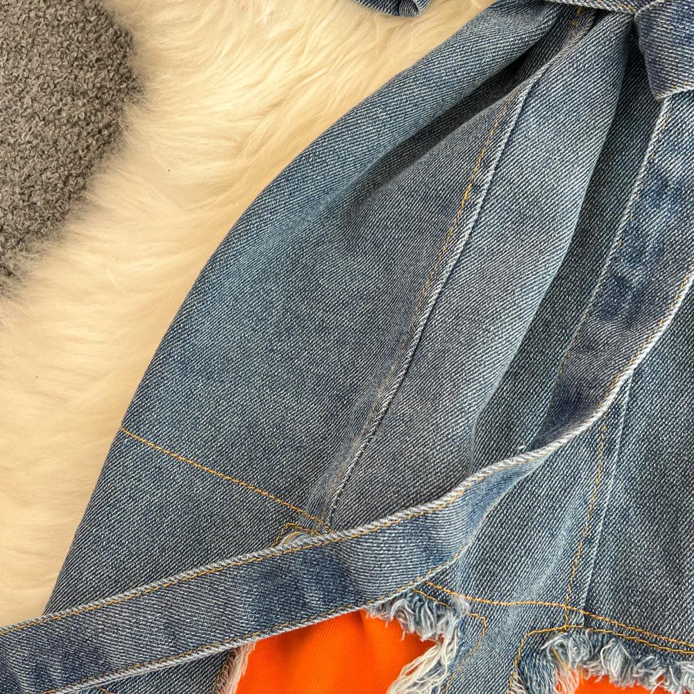 Damska koszula dżinsowa w stylu retro z Hongkongu, z temperamentem, w talii z paskiem, z okrągłym dekoltem, z blokami kolorów, wiosenna i letnia, szykowna, casualowa, średniej długości sukienka