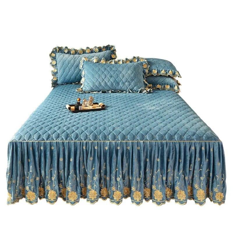 Copriletto trapuntato a fiori ricamato in velluto spesso gonna da letto di lusso morbido con 2 federe per cuscini Queen King Dropshipping