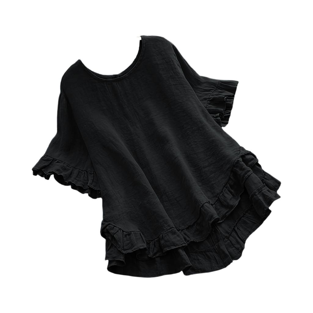 Women's Casual Loose Color Ruffled Hem Round Neck Short Sleeve Button Top