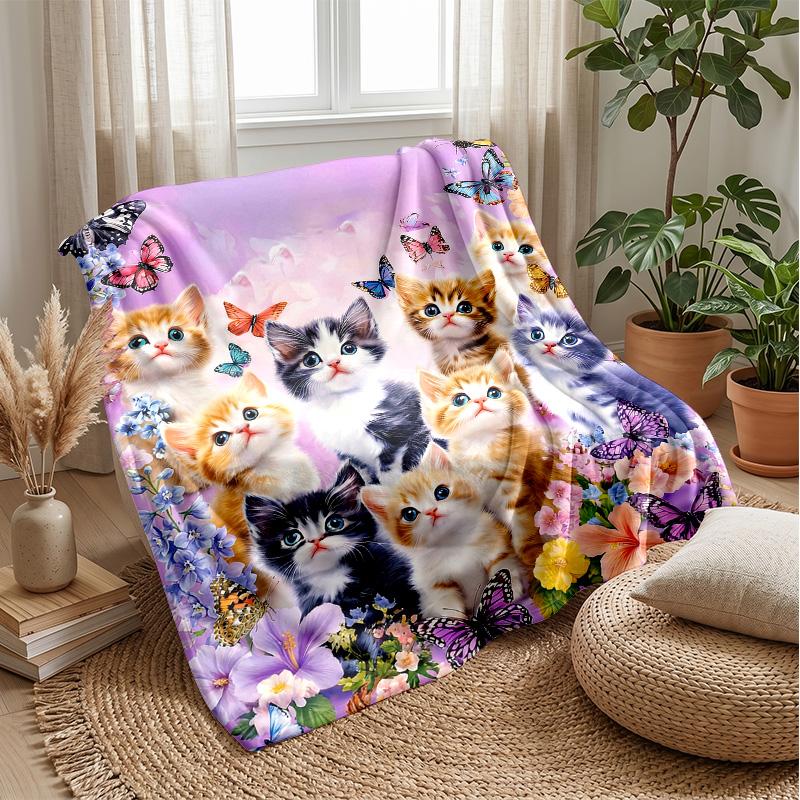 Kittens and Butterflies Fantasy Theme Blanket Lightweight Warm Flannel Blanket Decorative Throw Blanket for Home Decoration