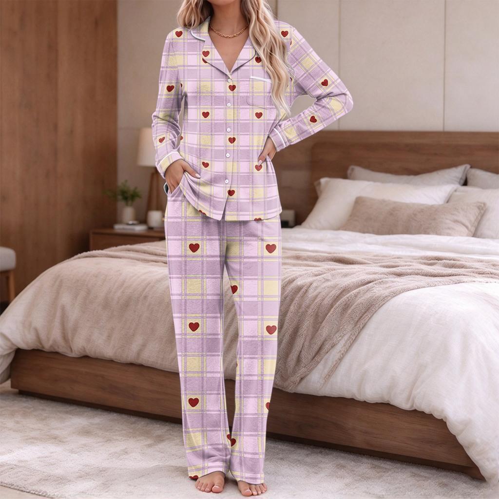 Women's Pajamas Fashion Print Long-Sleeve Button-Up Top Pocket Pants Home Casual Notched Collar V-Neck Two-Piece Set