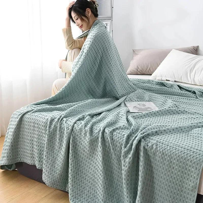 2024 Summer Waffle Plaid Cotton Bed Blanket Throw Thin Quilt Knitted Bedspread Home Hotel Coverlets Green Pink Throw Blankets