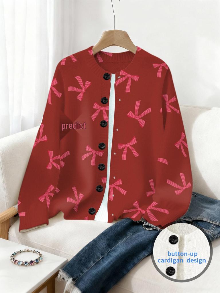 Spring Digital Print Cardigan: Valentine's Day Loose Knit Women's Fashion Top