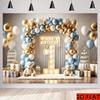 2D Neutral Blue Gold First Birthday Backdrop Banner Baby Boy Happy Birthday Party Decor Background