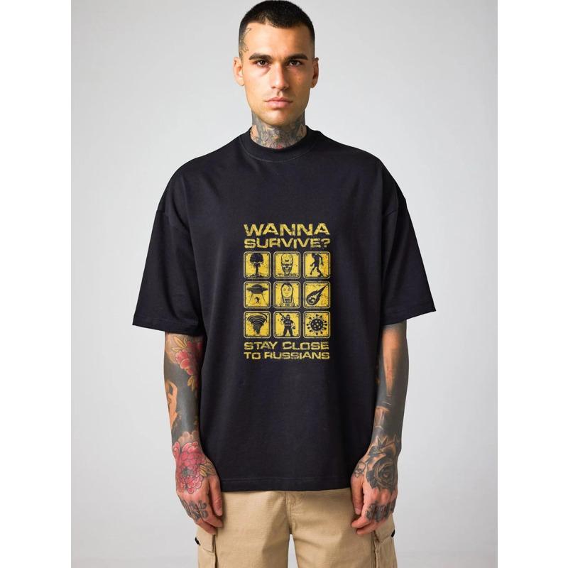 Men's Black T-Shirt Wanna Survive Stay Close To Russians Graphic Print Casual Wear