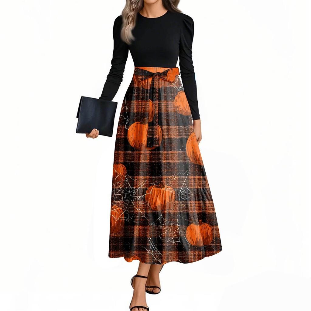 Women's Fashion Casual Belted Long Sleeve Round Neck Halloween Printed Elegant Temperament Dresses