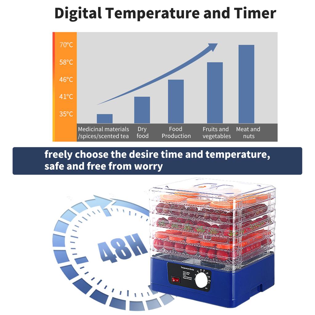 5 táců Sušička potravin Automatické vypínání Sušička potravin Nastavitelná inteligentní sušička potravin