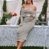 Knitted Long-sleeved Dress, European and American Sexy Backless Hip-wrapped Tight One-word Shoulder Lapel Mid-length Dress