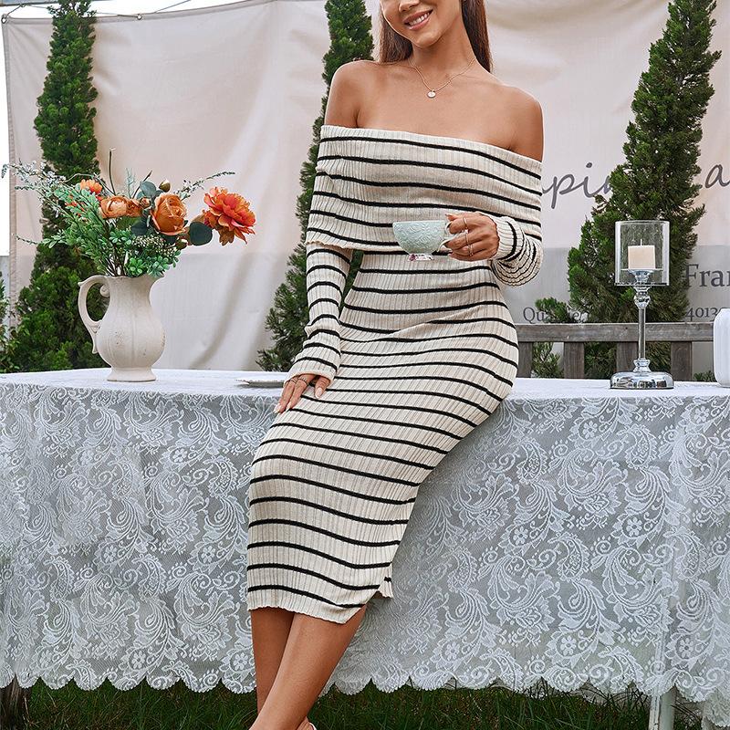 Knitted Long-sleeved Dress, European and American Sexy Backless Hip-wrapped Tight One-word Shoulder Lapel Mid-length Dress