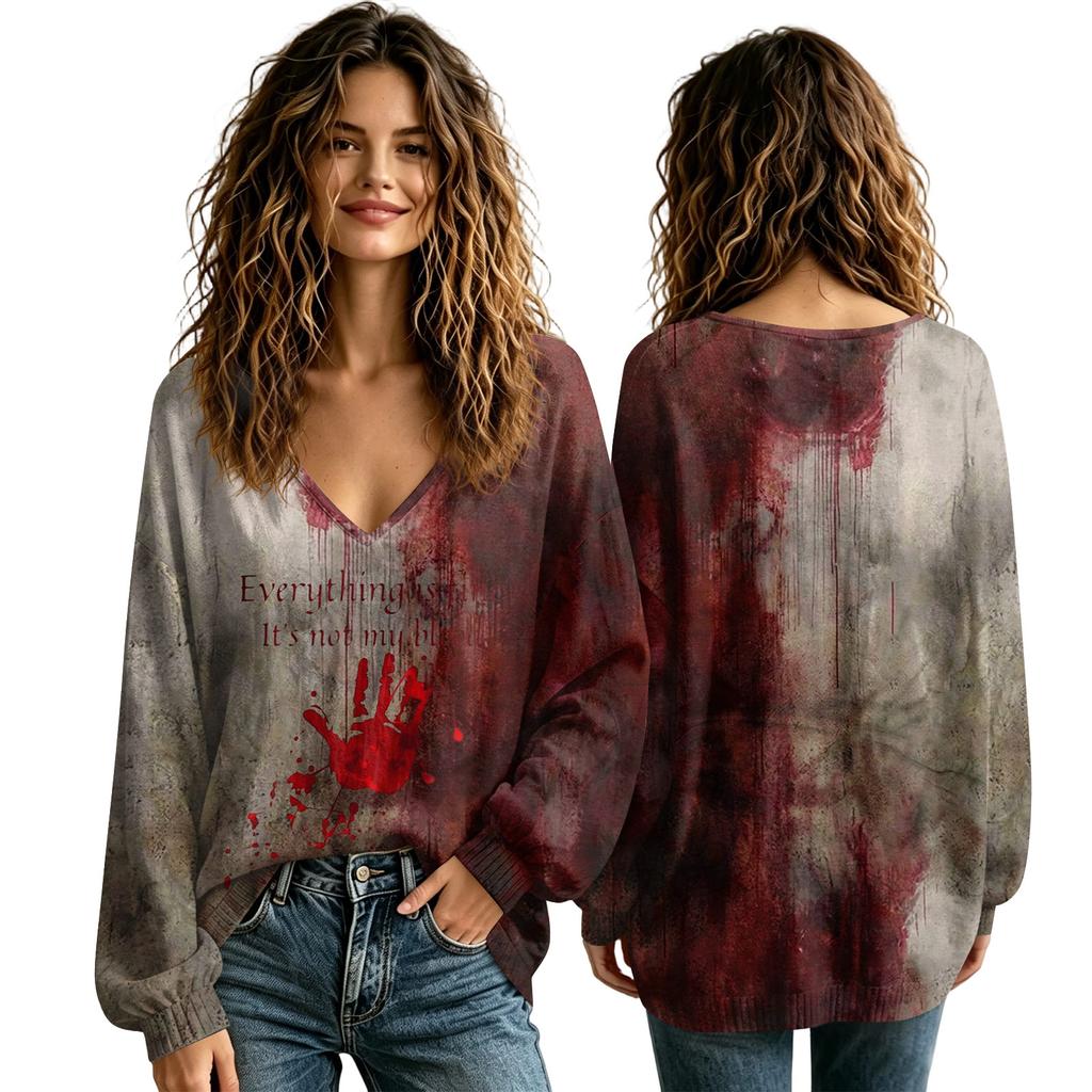 Women's V-Neck Halloween Fall Top for Seasonal Celebrations Comfortable Everyday Shirt