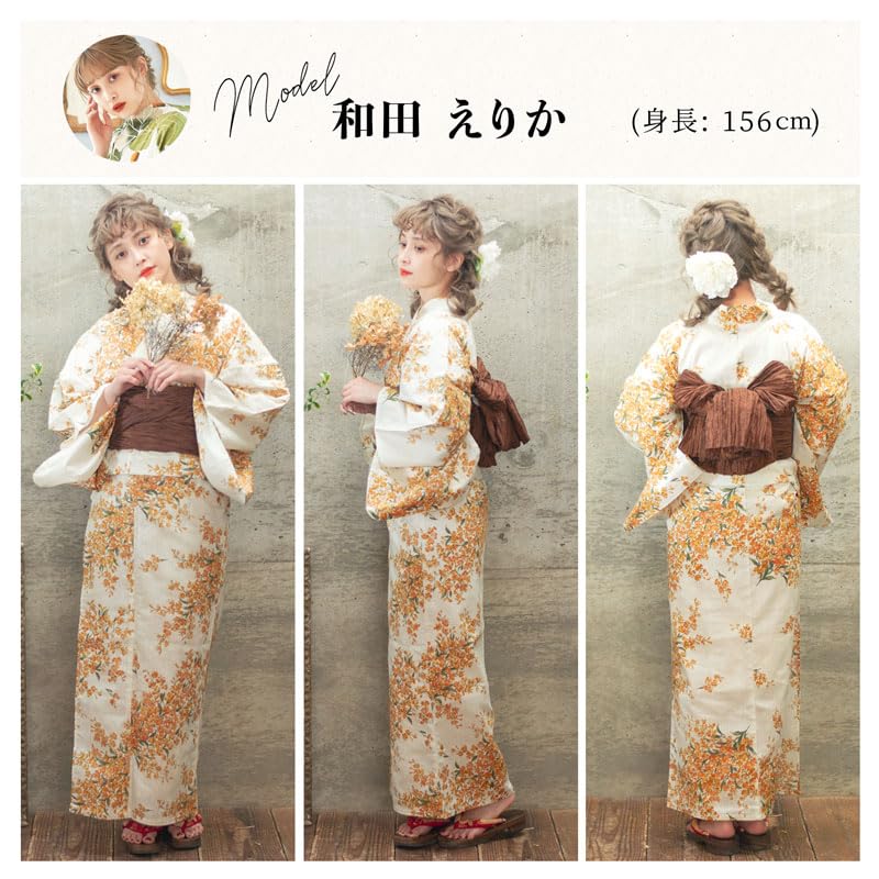 (Dita) Women's Yukata 5-Piece Set: Heiko Obi (sash), Red, Navy, White, Yellow, Camellia Flower, Retro Modern, Easy to Wear by One Person (2. Summer