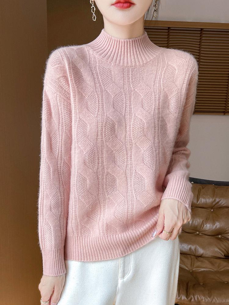 2025 Autumn/Winter Slimming Vintage Cashmere Cable Knit Sweater with Semi-High Neck