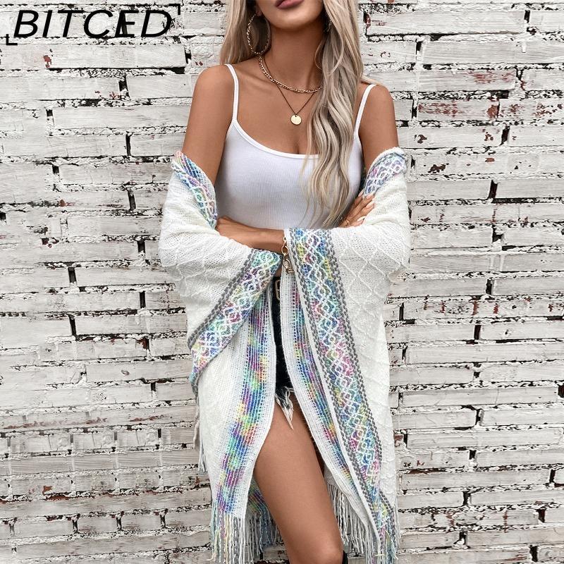 BITCED Fall/Winter Ethnic-Style Knit Hooded Fringe Cape Sweater Shawl Women's Outerwear