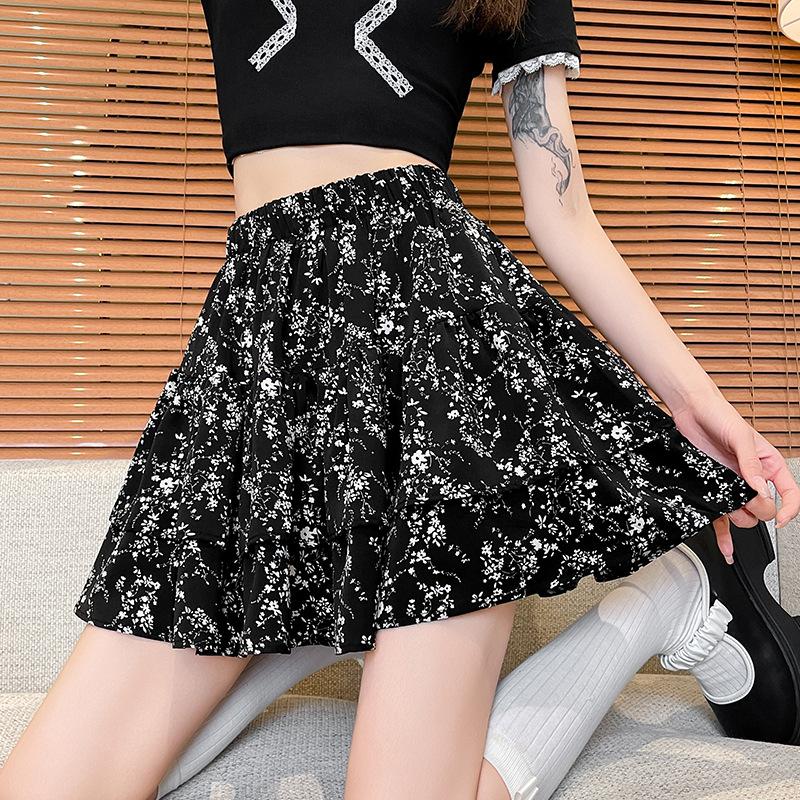 

Молочно-белая шифоновая юбка с цветочным принтом, короткая, женская, летняя, большого размера, универсальная, корейская, облегающая, с высокой талией, юбка-торт XL