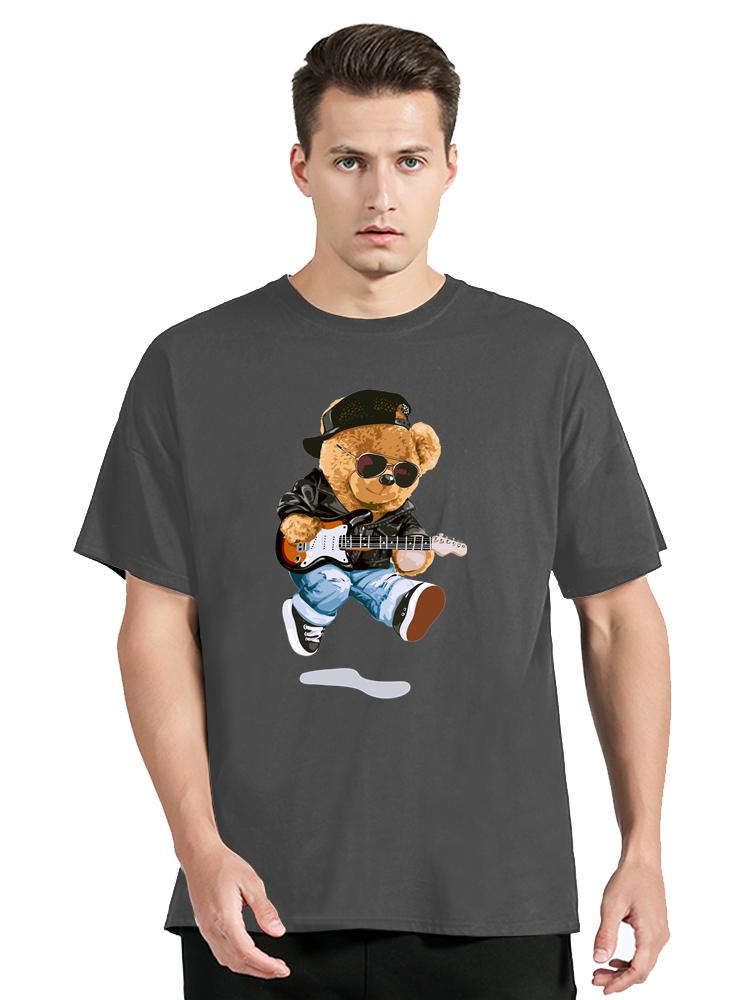 Cool Bear In Rocker Style With Electric Guitar TShirt Hip Hop Rock Cotton Tops Tees Mens Clothing Oversized Tshirt