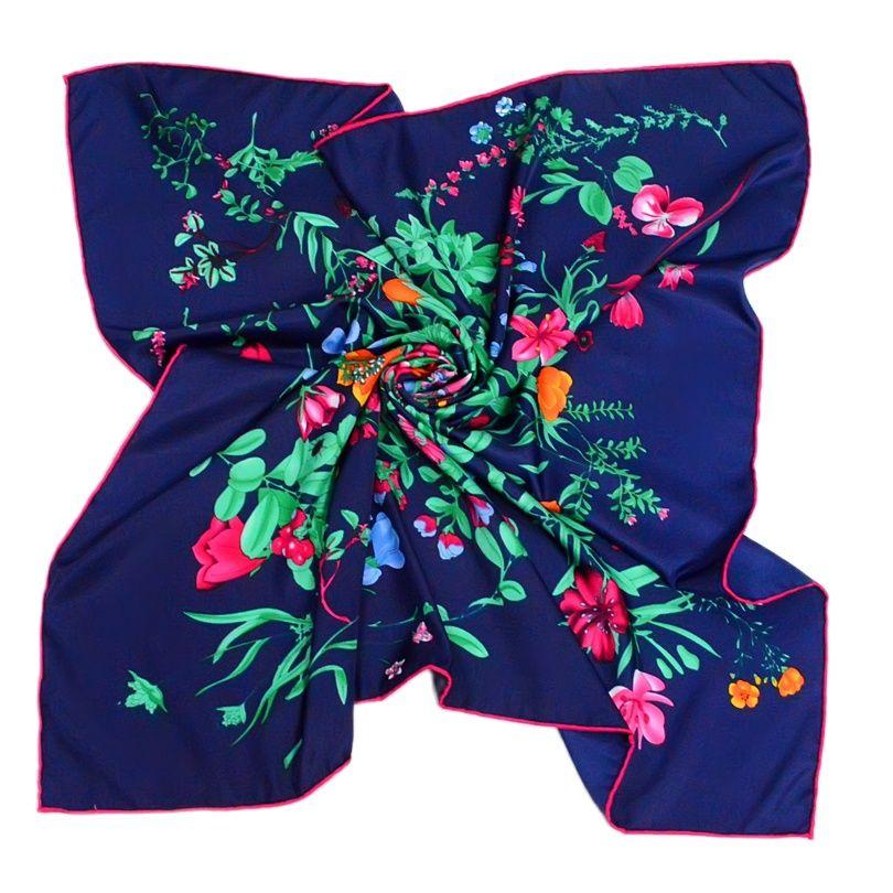 [BYSIFA] Black Plaid Letters Twill Scarves  New Floral Design Fine Hand-hemming Ladies Large Square Silk Scarf Shawl 90*90cm