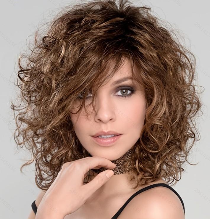 

Жіночий золотий градієнтний пухнастий перук з довгою чубчиком і коротким кучерявим волоссям